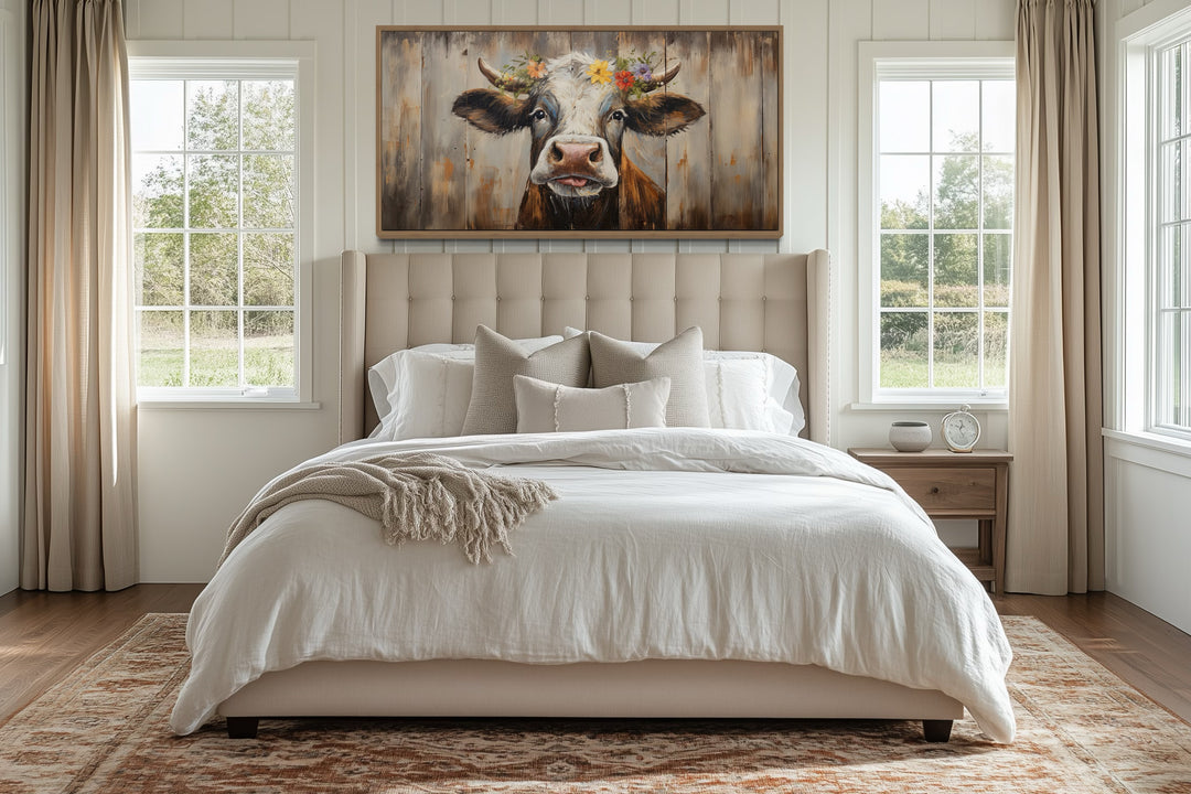 Rustic farmhouse wall art featuring a curious cow painting with a floral crown above a bed.