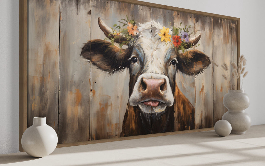 Rustic Farmhouse Wall Art – Curious Cow Painting on Wood Framed Canvas Print