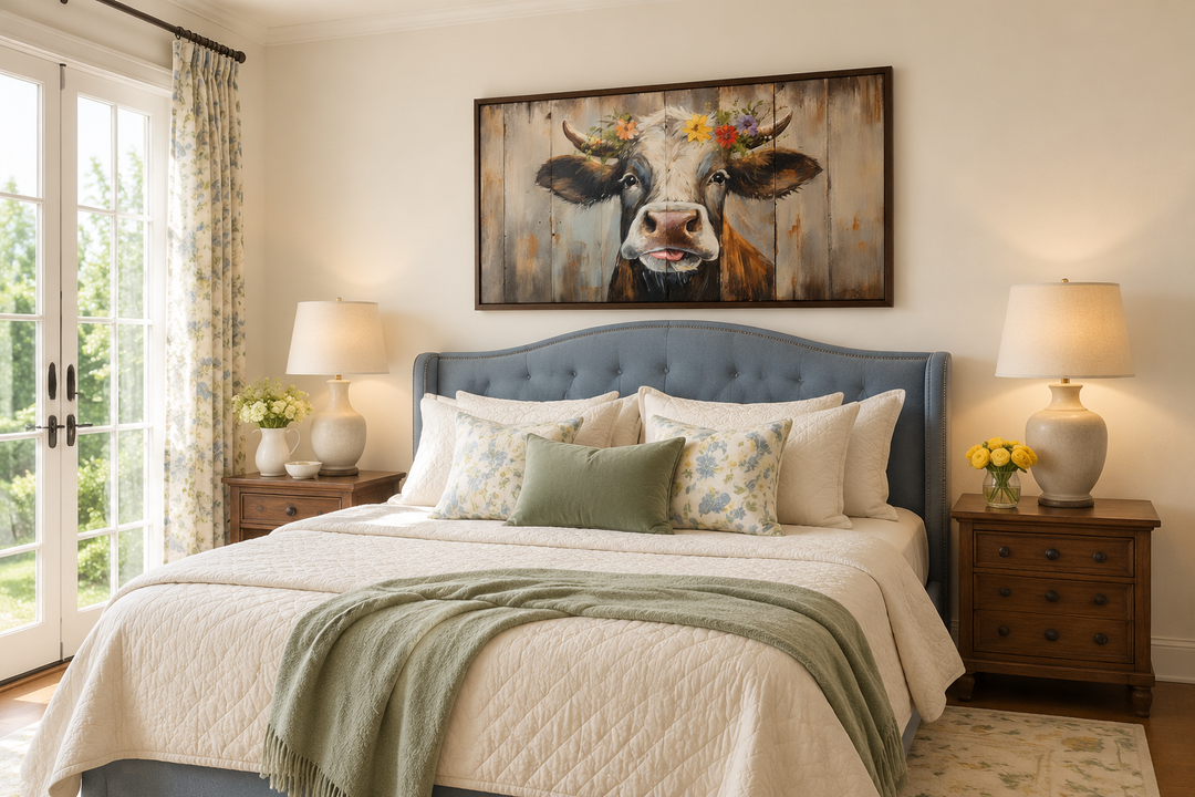 Rustic farmhouse wall art featuring a curious cow with a floral crown on a wood framed canvas.