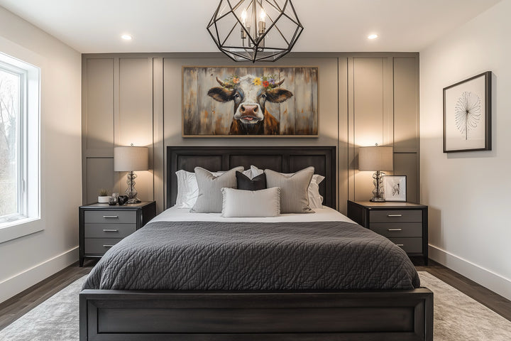 Rustic Farmhouse Wall Art – Curious Cow Painting on Wood Framed Canvas Print