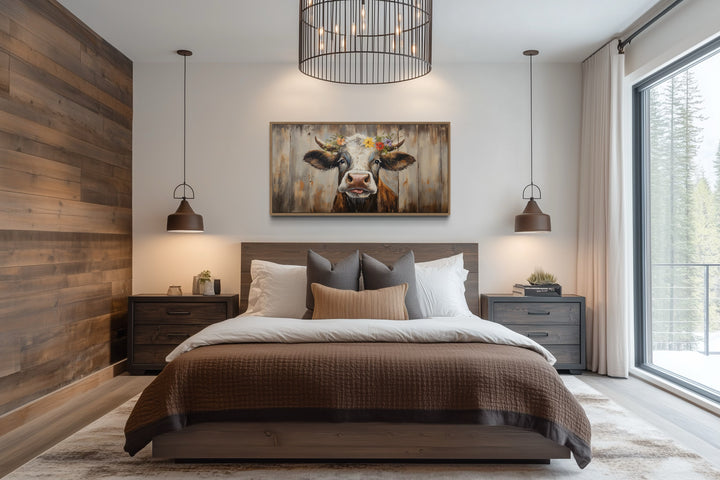 Rustic Farmhouse Wall Art – Curious Cow Painting on Wood Framed Canvas Print