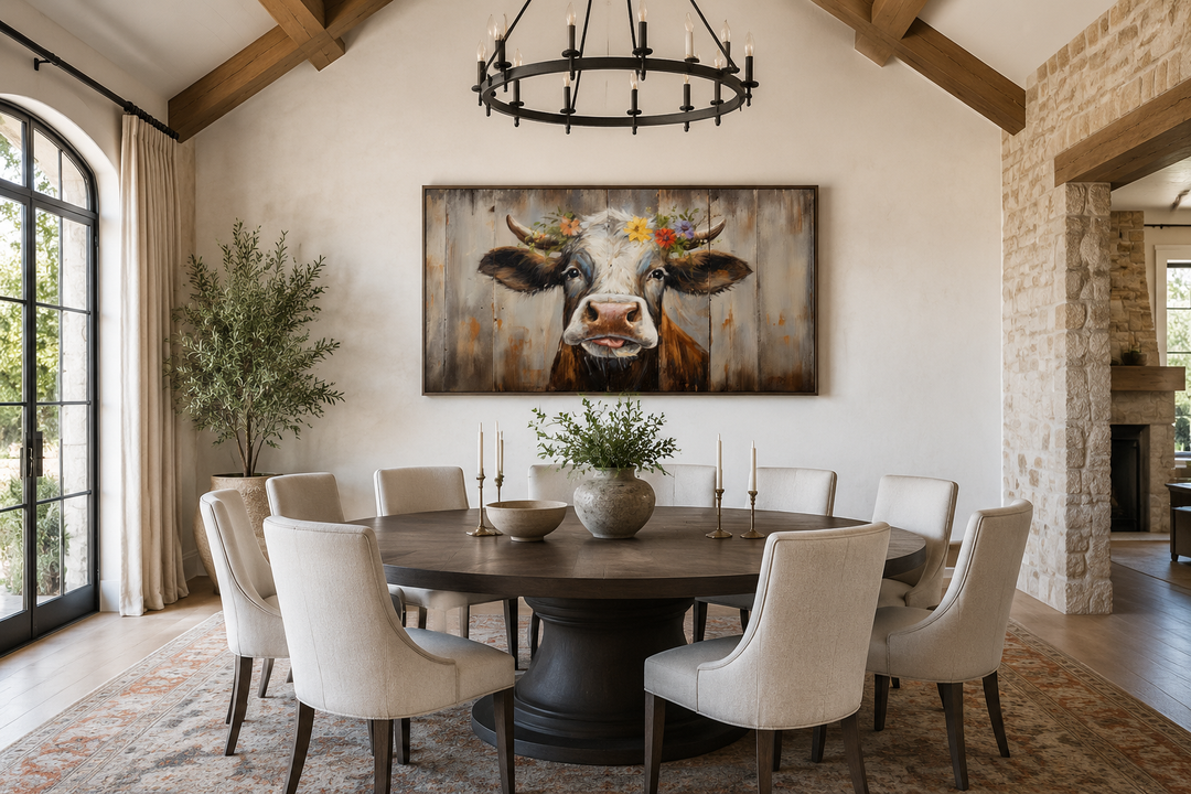 Rustic farmhouse wall art featuring a curious cow with a floral crown on a wood framed canvas.