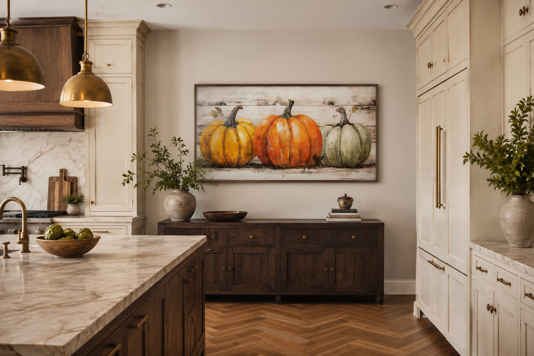 Framed canvas wall art featuring three pumpkins in orange, green, and yellow on a wood background.