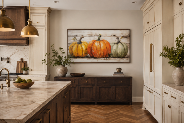 Framed canvas wall art featuring three pumpkins in orange, green, and yellow on a wood background.