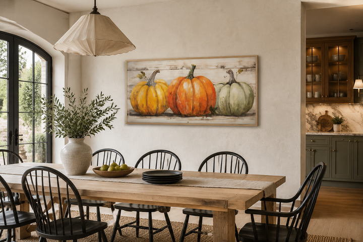 Rustic farmhouse framed canvas wall art featuring three pumpkins in a dining room setting.