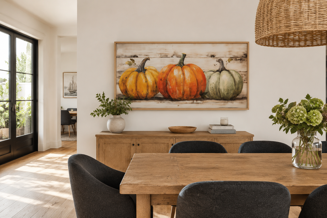 Framed canvas wall art featuring three pumpkins in orange, green, and yellow on a wood background.