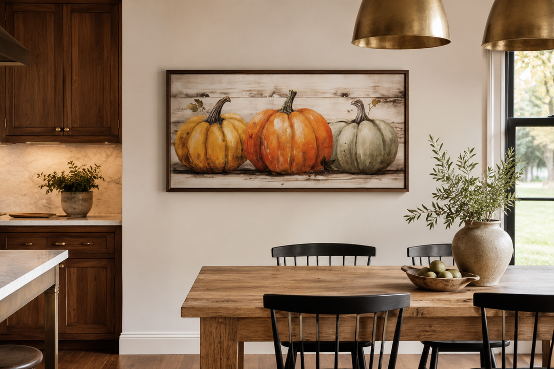 Framed canvas wall art of three pumpkins in orange, green, and yellow on a rustic wood background.