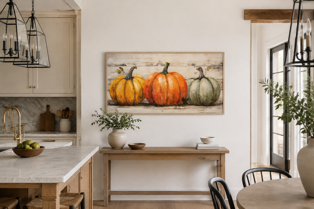 Rustic farmhouse wall art featuring three pumpkins on a framed canvas above a wooden console table.