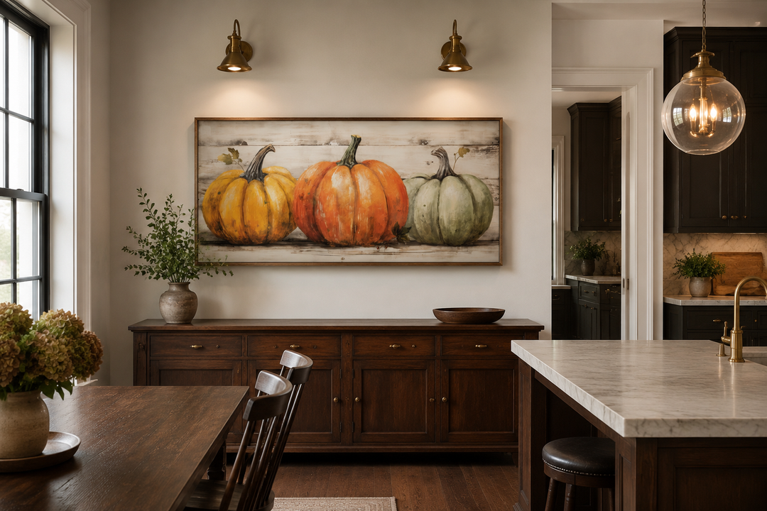 Rustic framed canvas wall art featuring three pumpkins in orange, green, and yellow on wood panels.