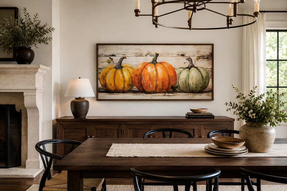 Rustic framed canvas wall art featuring three pumpkins in orange, green, and yellow on wood texture.
