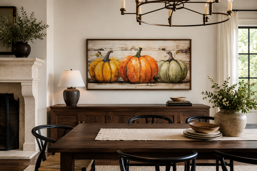 Rustic framed canvas wall art featuring three pumpkins in orange, green, and yellow on wood texture.