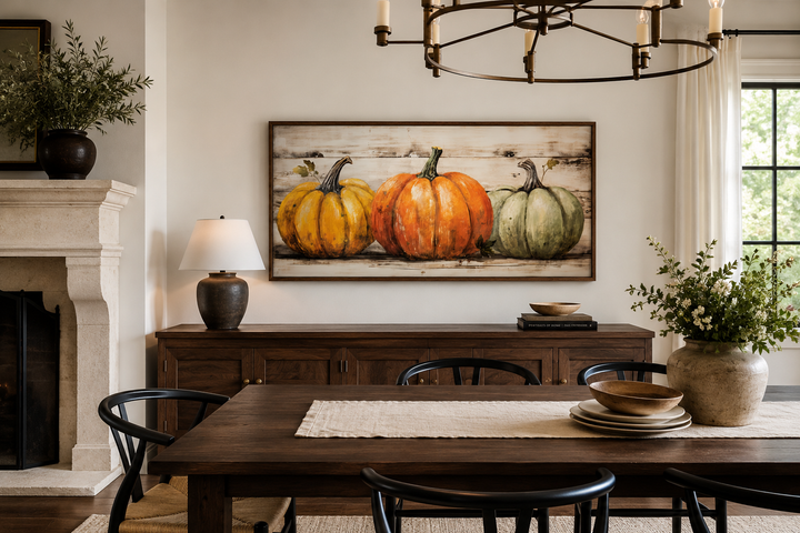 Rustic framed canvas wall art featuring three pumpkins in orange, green, and yellow on wood texture.