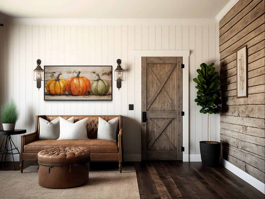 Rustic Farmhouse Wall Art – Three Pumpkin Painting Framed Canvas for Kitchen Decor