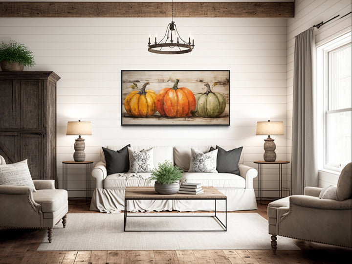 Rustic Farmhouse Wall Art – Three Pumpkin Painting Framed Canvas for Kitchen Decor
