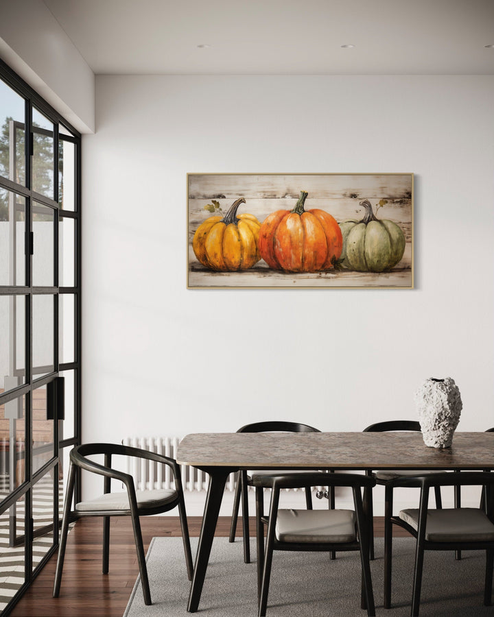 Rustic Farmhouse Wall Art – Three Pumpkin Painting Framed Canvas for Kitchen Decor