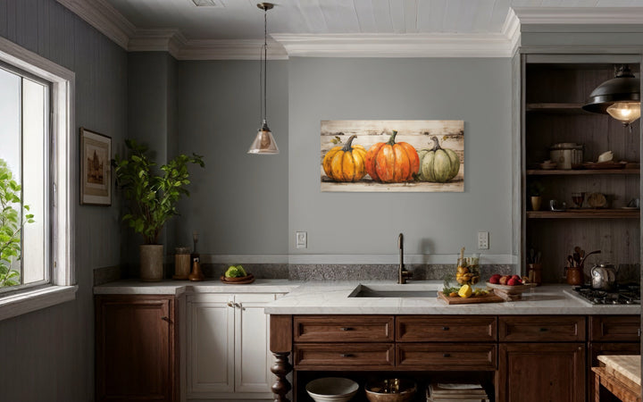Rustic Farmhouse Wall Art – Three Pumpkin Painting Framed Canvas for Kitchen Decor