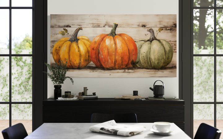 Rustic Farmhouse Wall Art – Three Pumpkin Painting Framed Canvas for Kitchen Decor