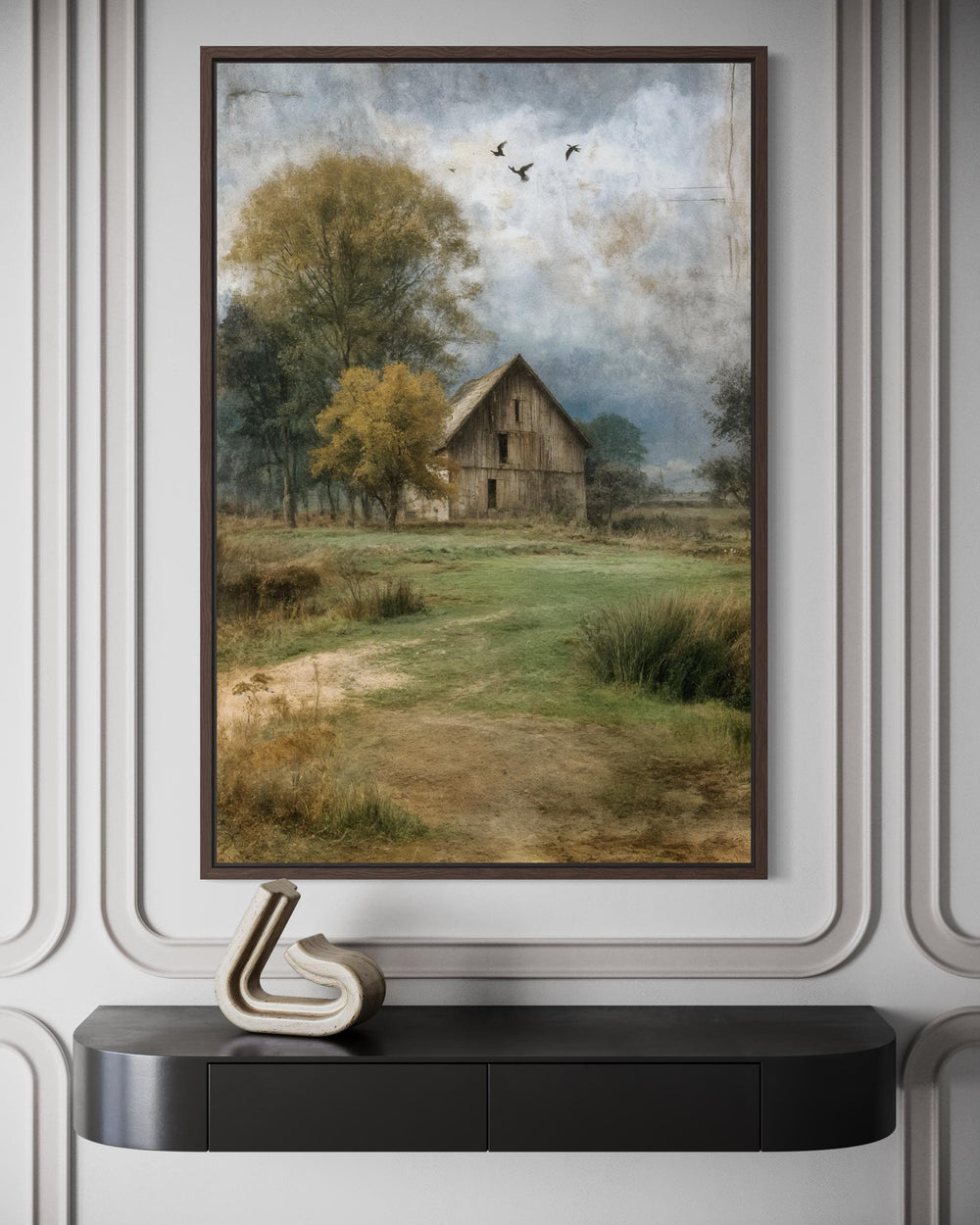 Vertical rustic farmhouse canvas print of a weathered barn in a peaceful countryside landscape.