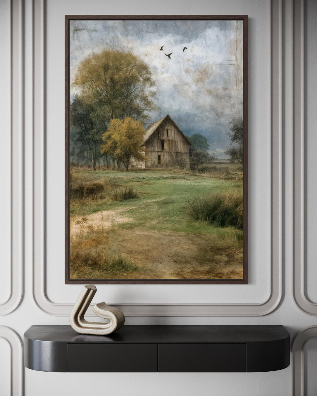 Vertical rustic farmhouse canvas print of a weathered barn in a peaceful countryside landscape.
