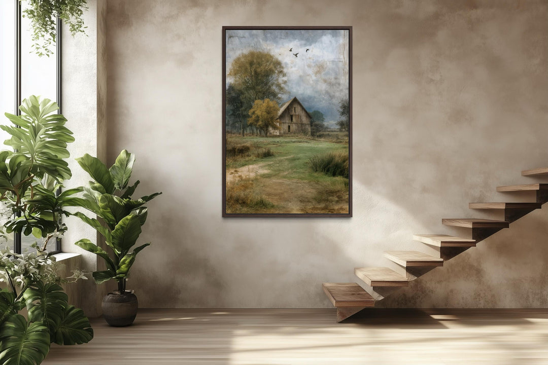 Vertical barn canvas print featuring a rustic farmhouse scene in a neutral-toned interior.