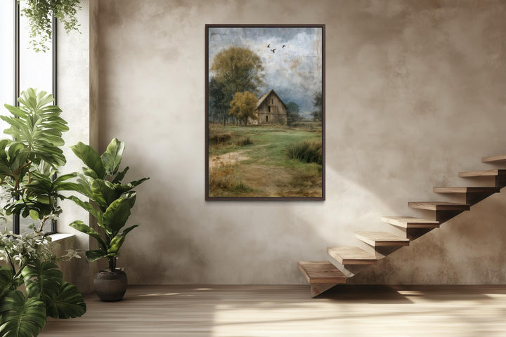 Vertical barn canvas print featuring a rustic farmhouse scene in a neutral-toned interior.