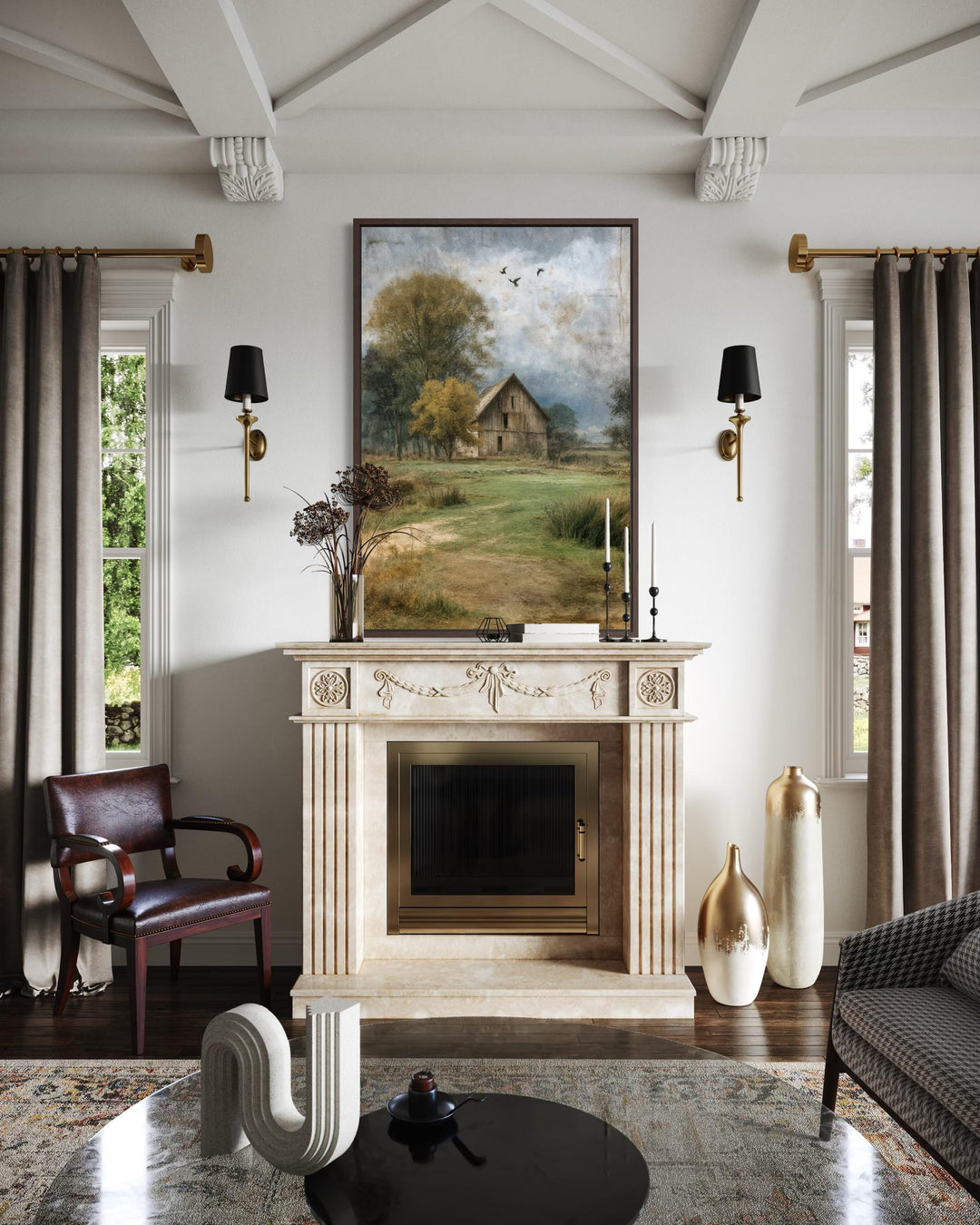 Vertical canvas print of a rustic barn in a countryside landscape hanging above a fireplace.