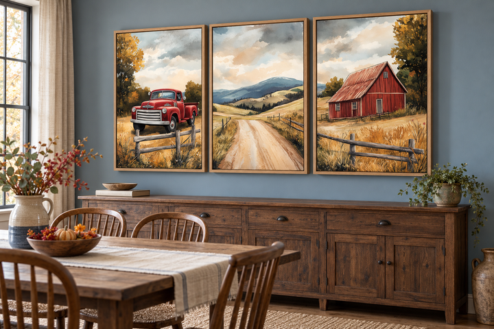Set of 3 rustic farmhouse autumn canvas prints featuring a red barn, vintage truck, and country road.