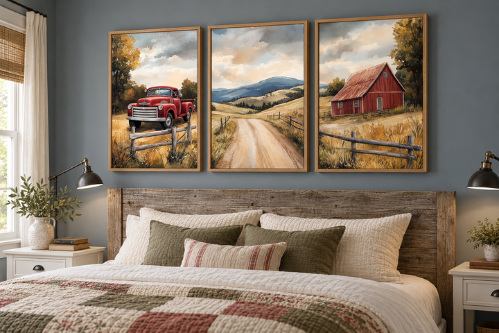 Set of 3 rustic farmhouse canvas prints featuring a red barn, vintage truck, and country road.