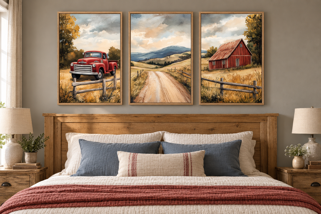 Set of 3 rustic farmhouse canvas prints featuring a red truck, country road, and barn above a bed.