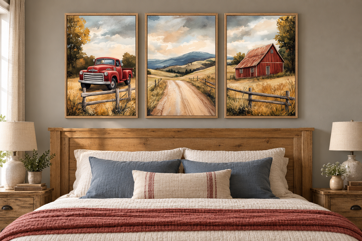 Set of 3 rustic farmhouse canvas prints featuring a red truck, country road, and barn above a bed.