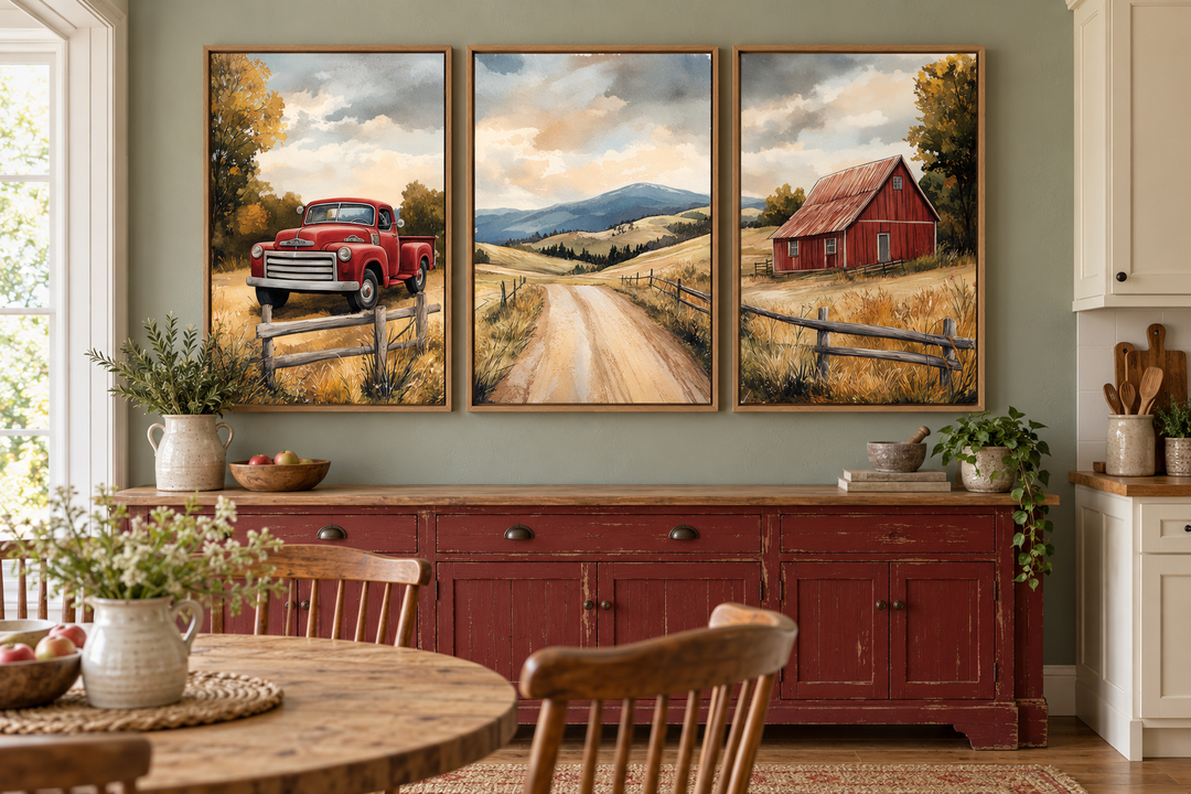 Set of 3 rustic farmhouse canvas prints featuring a red barn, vintage truck, and country road.