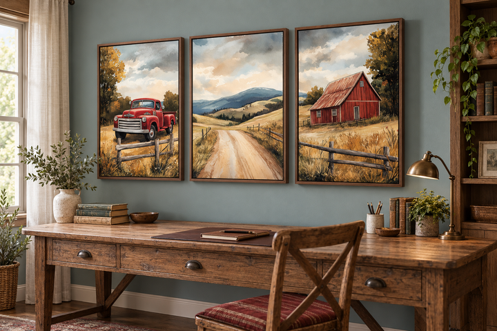 Set of 3 rustic farmhouse canvas prints featuring a red barn, vintage truck, and country road.