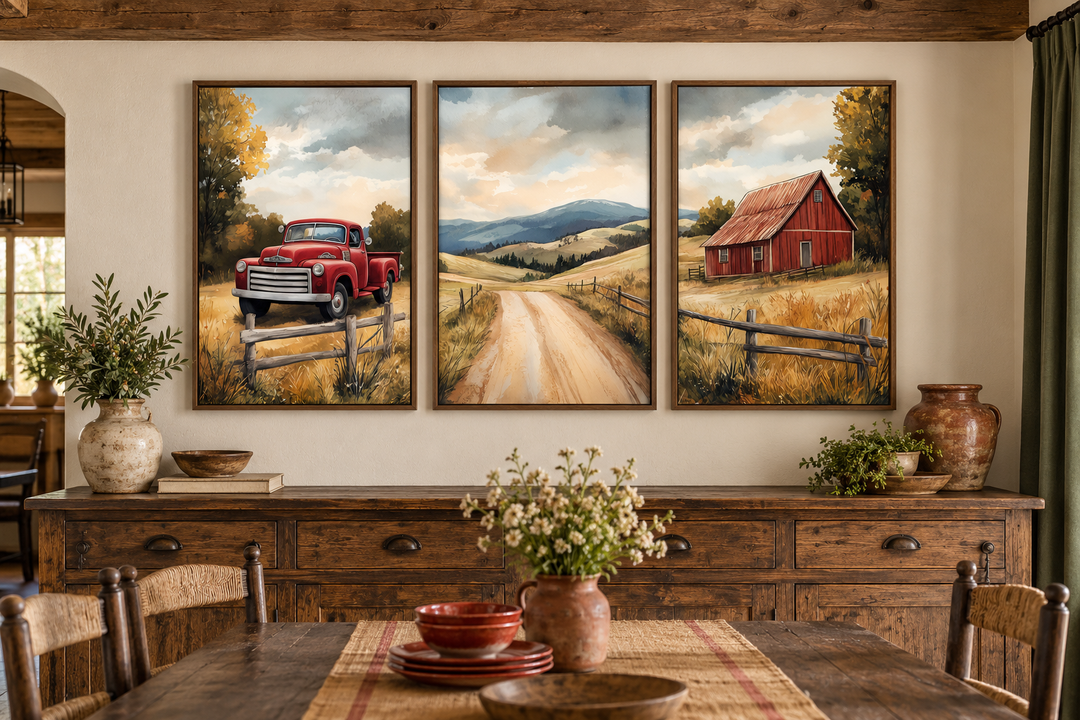 Set of 3 rustic farmhouse canvas prints featuring a vintage red truck, country road, and red barn.