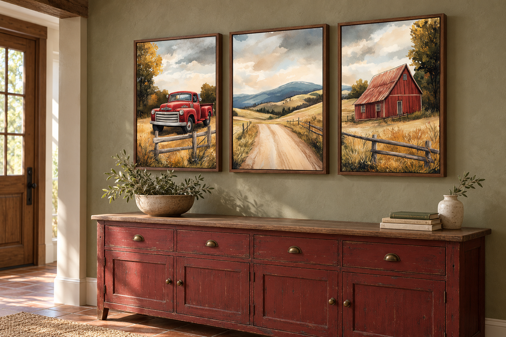 Set of 3 rustic farmhouse autumn canvas prints featuring a red barn, vintage truck, and country road