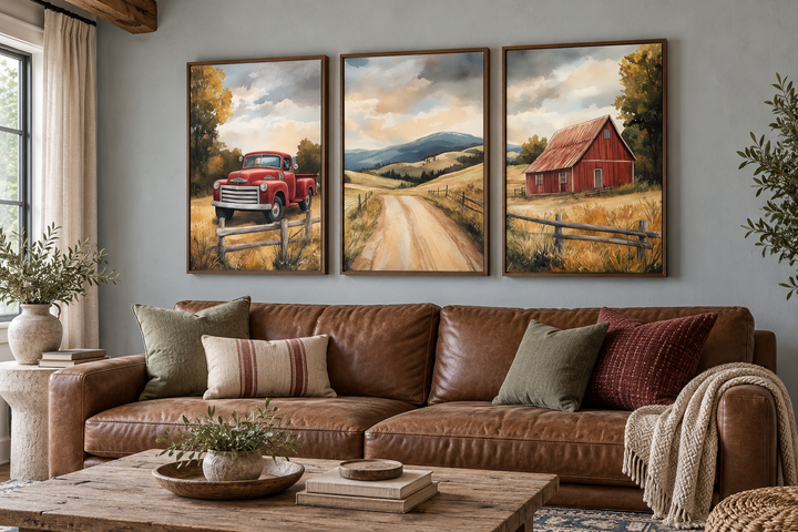 Set of 3 rustic farmhouse autumn canvas prints featuring a red truck, country road, and red barn.