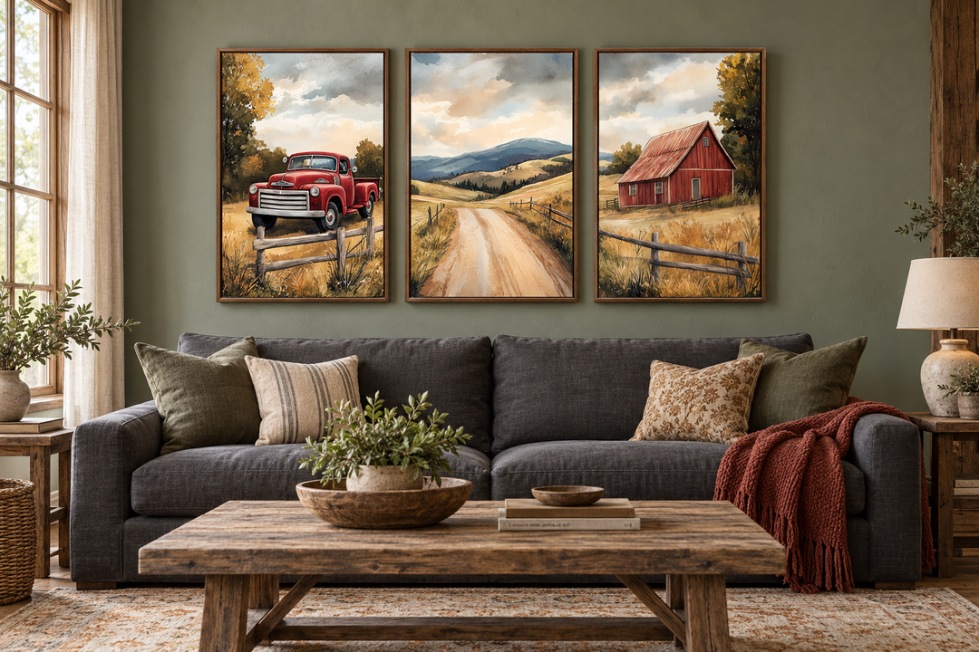 Set of 3 rustic farmhouse canvas prints featuring a red barn, vintage truck, and country road.