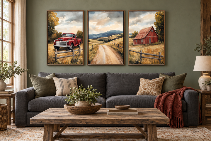 Set of 3 rustic farmhouse canvas prints featuring a red barn, vintage truck, and country road.