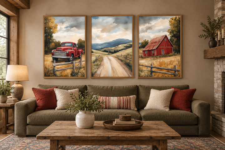 Set of 3 rustic farmhouse autumn canvas prints featuring a red barn, vintage truck, and country road.
