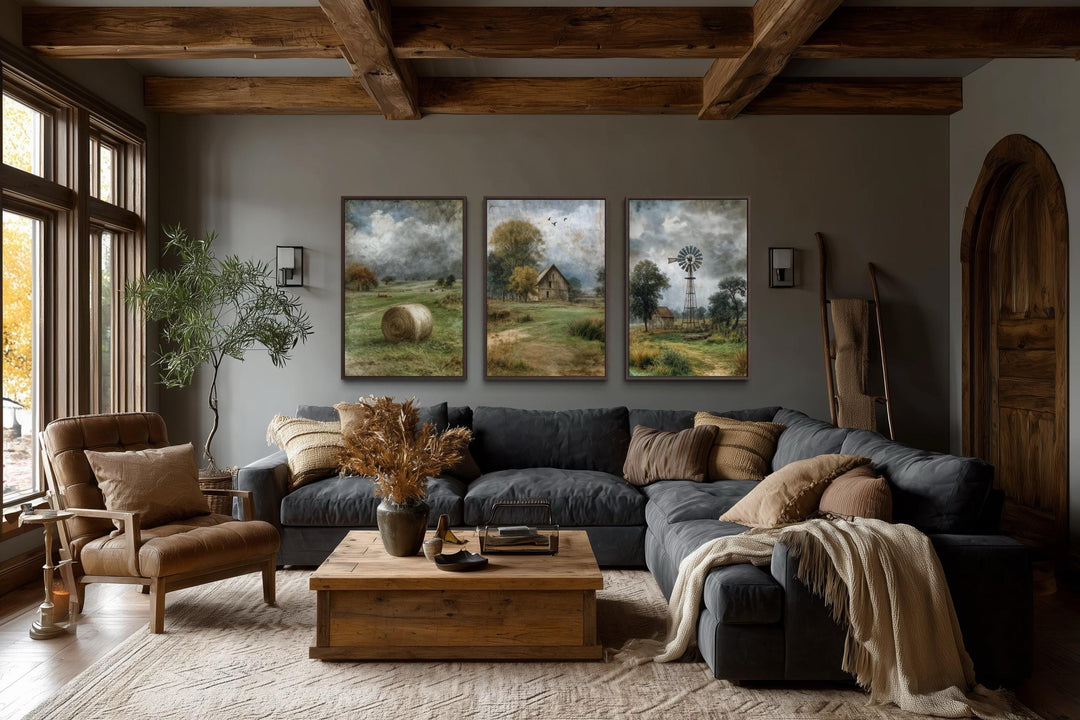 Set of three rustic farmhouse canvas prints featuring a barn, hay bale, and windmill landscape.
