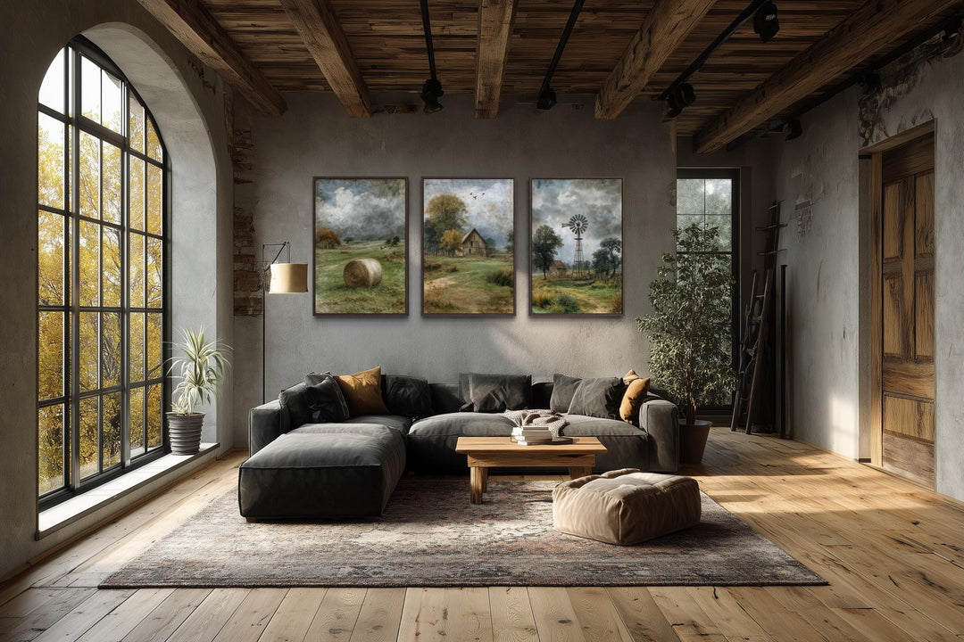 Set of three rustic farmhouse canvas prints featuring a barn, hay bale, and windmill landscape.
