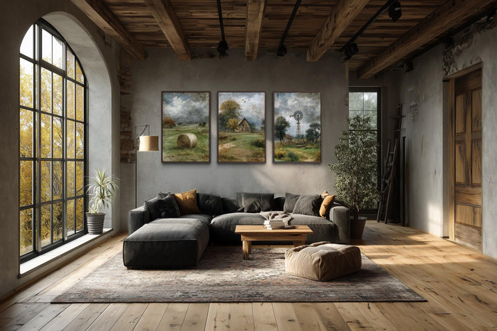 Set of three rustic farmhouse canvas prints featuring a barn, hay bale, and windmill landscape.
