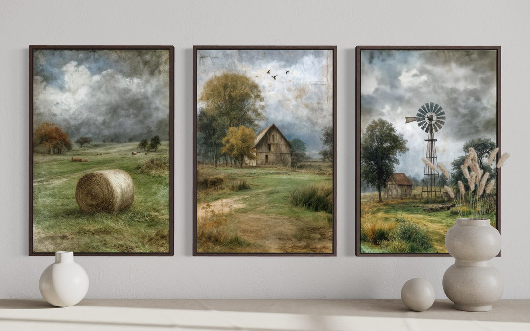 Set of three rustic farmhouse canvas prints featuring a barn, hay bale, and windmill landscape.