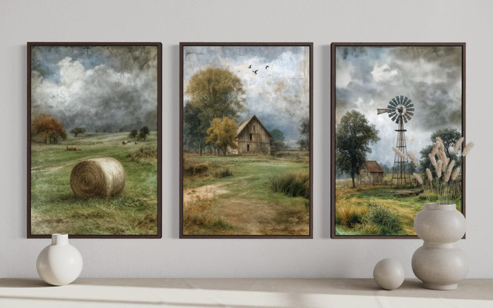 Set of three rustic farmhouse canvas prints featuring a barn, hay bale, and windmill landscape.