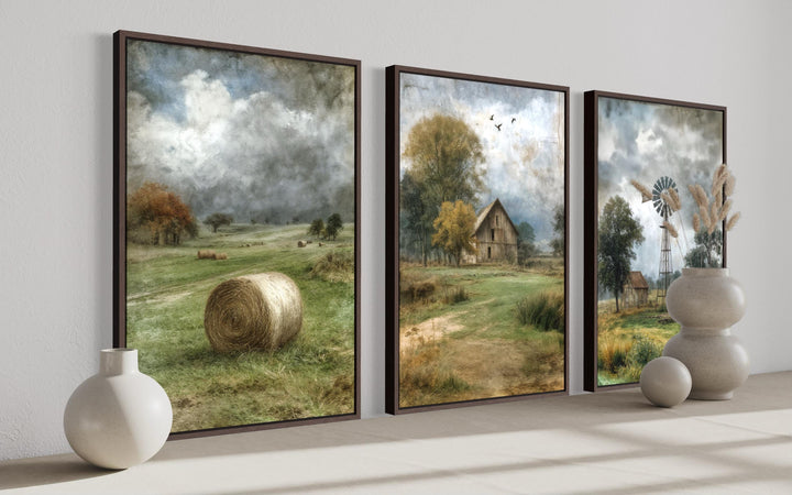 Set of three rustic farmhouse canvas prints featuring a hay bale, barn, and windmill landscape.