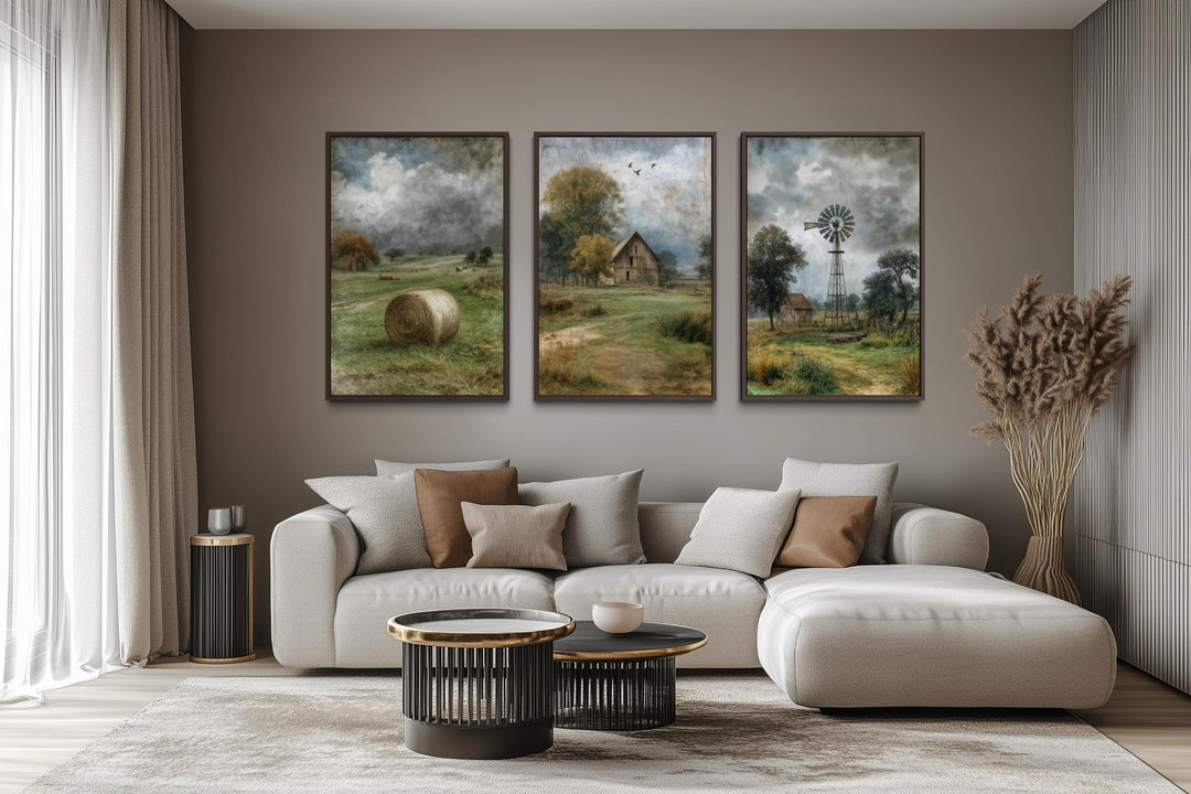 Set of three rustic farmhouse canvas prints featuring a barn, hay bale, and windmill.