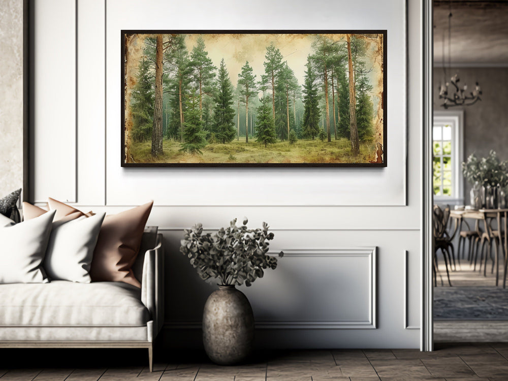 Rustic Fir Trees Forest Framed Canvas Wall Art in rustic cabin