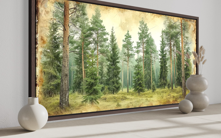 Rustic fir trees framed canvas wall art featuring a vintage-style forest landscape.