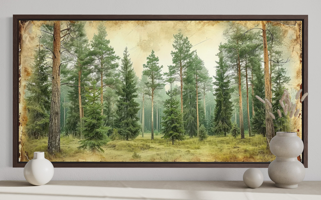 Framed canvas wall art featuring a rustic forest of fir trees in earthy green and brown tones.