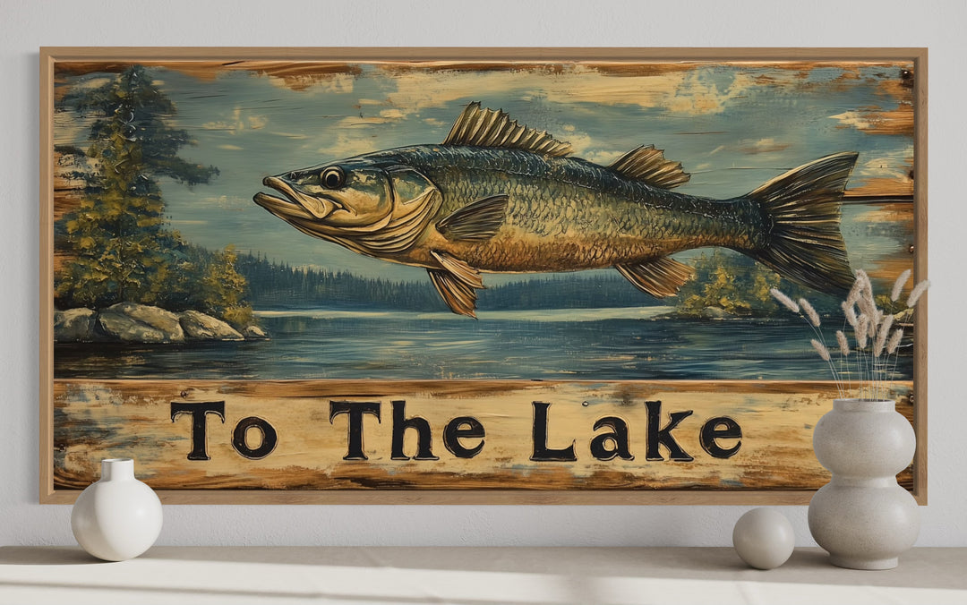 Rustic Fishing Sign - Cabin Wall Decor | Panoramic Lake Inspired Fishing Wall Art