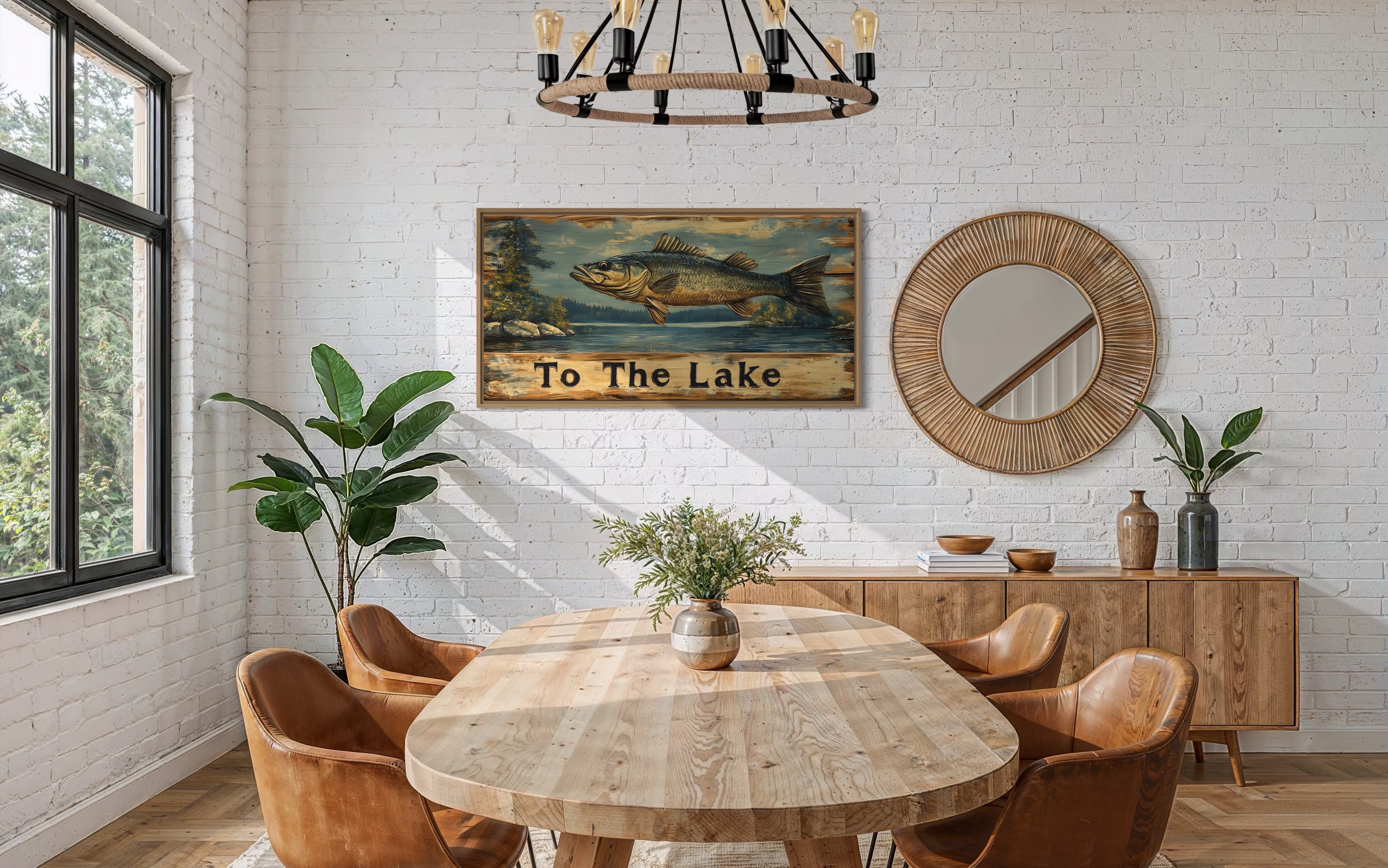 Rustic Fishing Sign: Panoramic Lake Wall Art for Cabins – Wall